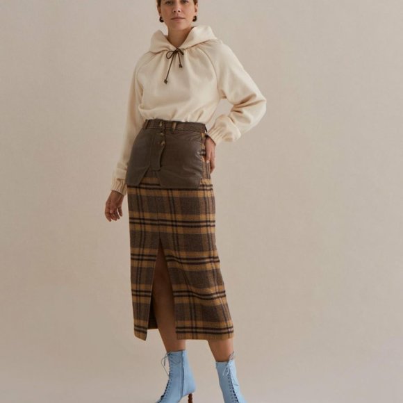REJINA PYO Runway "Maggie" Checked Wool And Faux Leather Midi Skirt - Picture 6 of 12